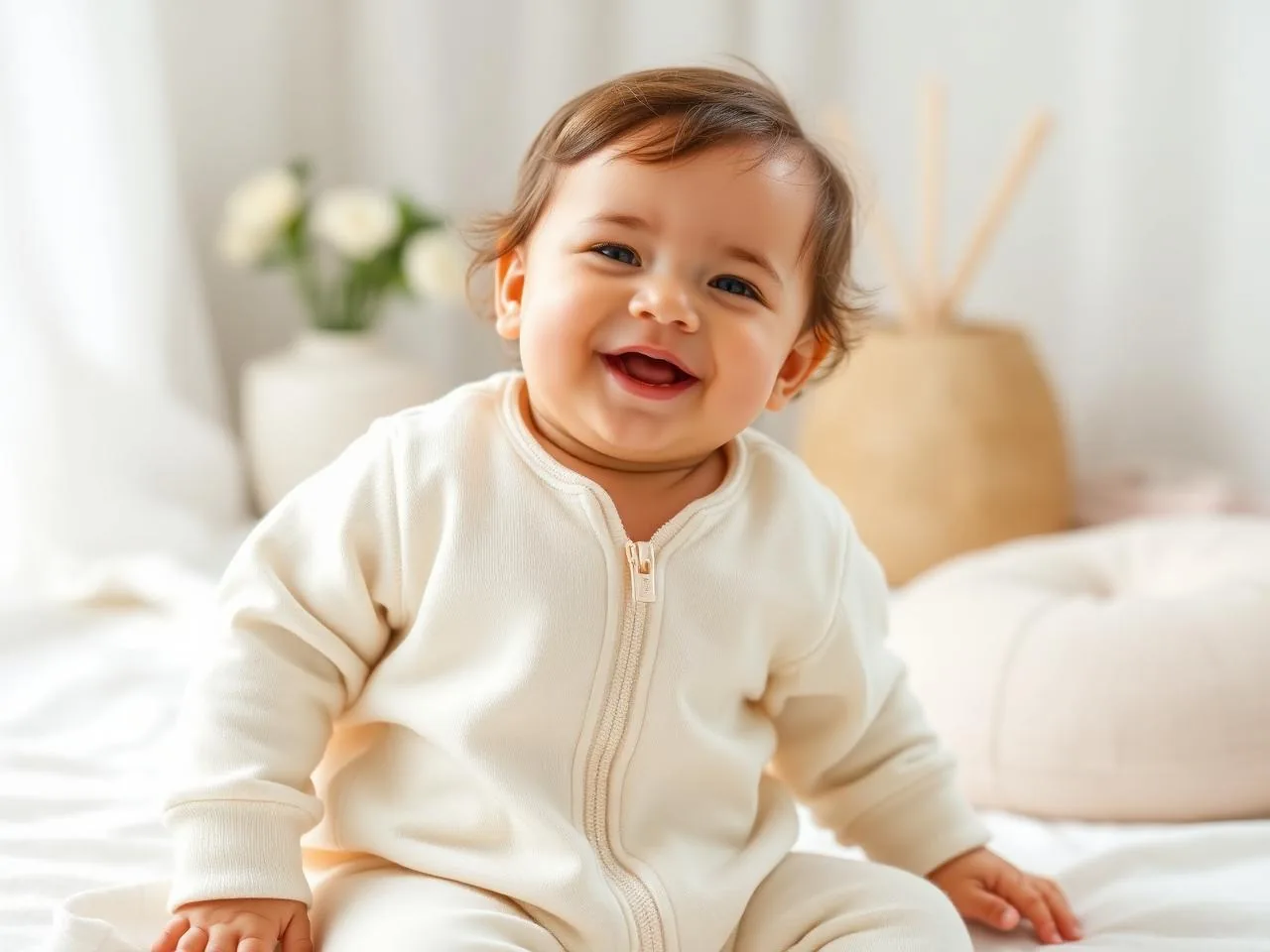Joyful baby in cream breathable organic cotton baby sleeper