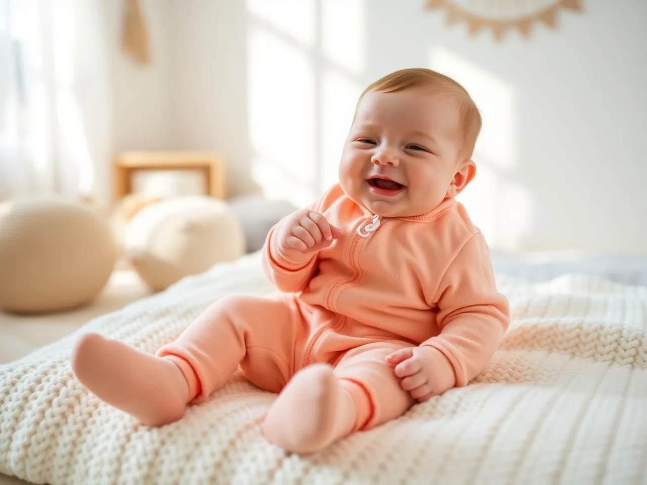 Giggling baby wearing footed GOTS organic newborn sleeper with mittens