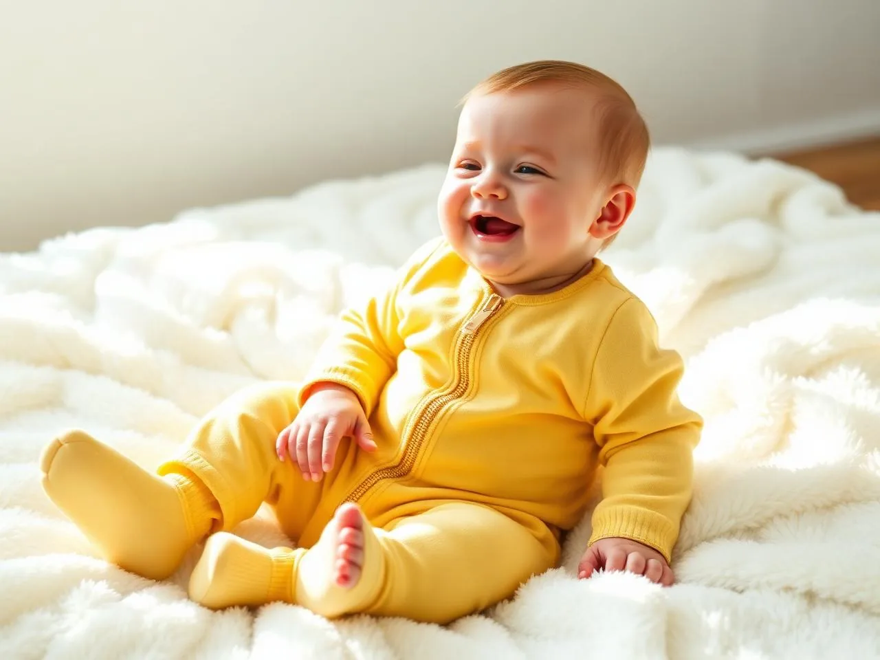 Happy baby in yellow gender neutral GOTS certified organic newborn sleeper