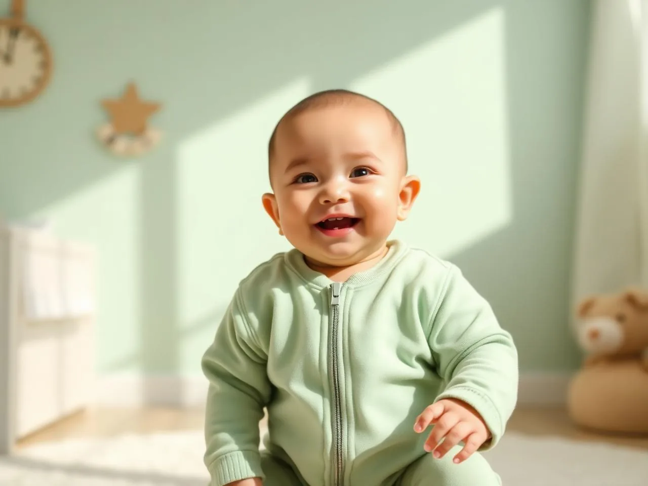 Cheerful baby in sage green organic cotton two way zipper sleeper